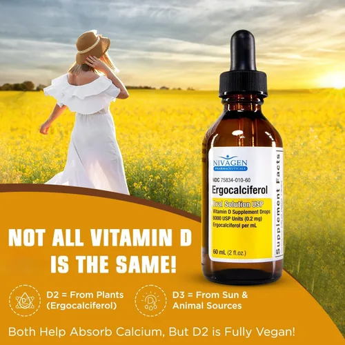 Vista 3 de Nivagen Gotas líquidas de vitamina D2 de 8,000 USP (ergocalciferol) 400 UI por porción 2 gotas una vez al día 1,200 porciones, 2.0 fl oz