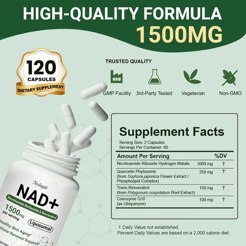 Vista 2 de Suplemento NAD+, liposomal NAD nicotinamida ribósido resveratrol 1500 mg - Anti-envejecimiento y salud cerebral, mejora la energía, específicamente