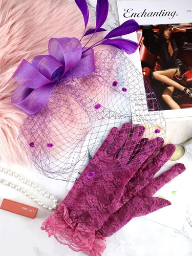Vista 7 de Boao Sombrero de tocado con lazo, sombrero de fiesta de té, plumas, velo, diadema de malla y guantes cortos de encaje, guantes de encaje floral