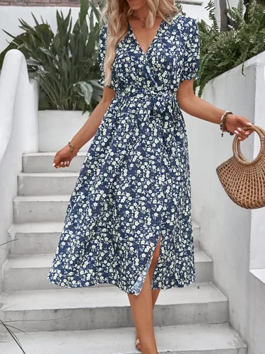 Vista 6 de MakeMeChic Vestido midi de verano con cuello en V y mangas abombadas florales para mujer con cinturón