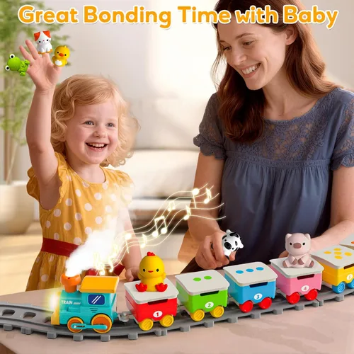 Vista 5 de Juguetes de tren de animales de granja para niños de 2 a 4 años, juego de tren eléctrico para niños con música, vapor y luces, juguetes