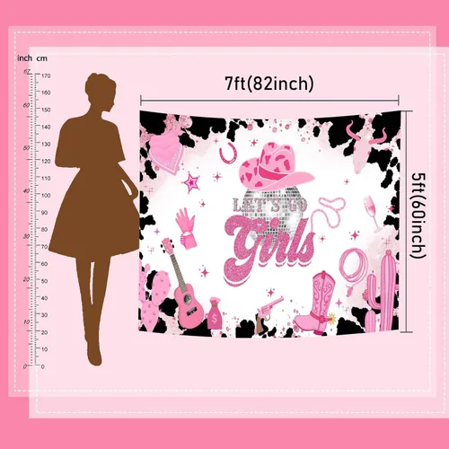Vista 4 de Mocsicka Telón de fondo de disco de vaquera rosa con texto en inglés "Let's Go Girls", pancarta de cumpleaños para despedida de soltera, fin
