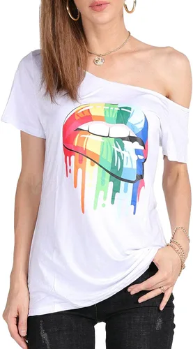 Vista 46 de MAGICMK - Camiseta casual para mujer, con estampado de labios y hombro descubierto, talla extragrande