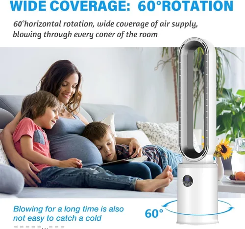 Vista 4 de advwin Ventilador de torre sin aspas con control remoto, ventilador de enfriamiento silencioso con oscilación, 24 velocidades, temporizador de 12