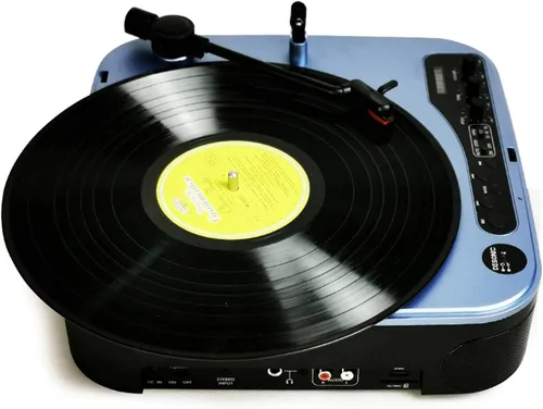 Vista 3 de Tocadiscos de vinilo, tocadiscos para discos de vinilo, tocadiscos con altavoces, diseño Retro, portátil, con forma de maleta, color azul
