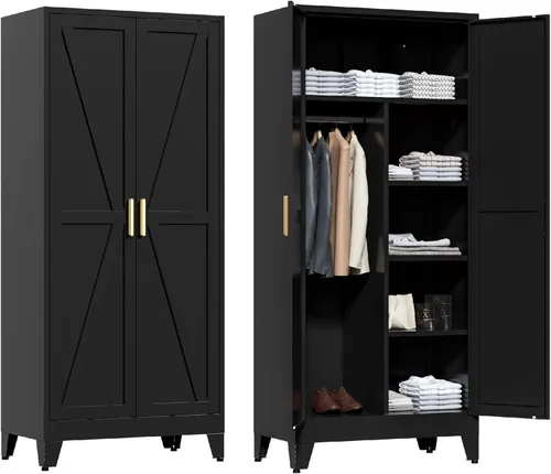 Vista 13 de Washsemba - Armario de guardarropas de metal de casa rural de 71'' con barra para colgar, 2 armarios de puerta de granero con estantes ajustables, 2