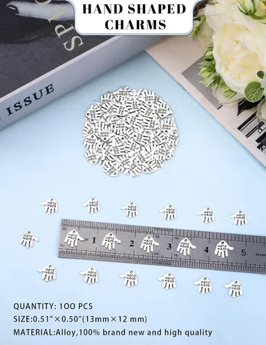 Vista 2 de JIALEEY 100 dijes en forma de mano hechos a mano, letreros tallados en tono plateado para hacer joyas de moda, hallazgos, manualidades, costura