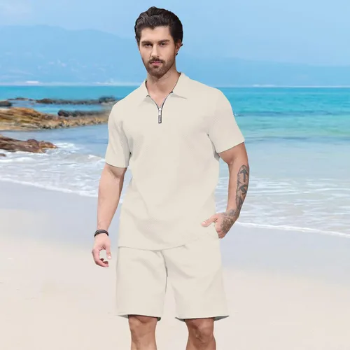 Vista 2 de Aulemen Conjunto deportivo de 2 piezas con cremallera para hombre, manga corta, camiseta polo y pantalones cortos, conjuntos de verano para hombre