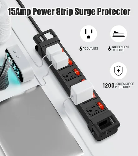 Vista 3 de Regleta de alimentación resistente, regleta de alimentación de metal de 6 salidas con interruptor individual y gestión de cables, protector