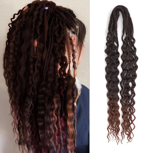 Vista 22 de Extensiones de rastas trenzadas bohemias de 24 pulgadas, 10 hebras de rastas sintéticas rizadas color marrón degradado con trenza de caja, rastas