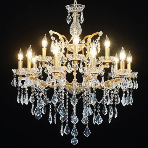 Vista 16 de Candelabros de cristal de bronce antiguo de lujo con lámpara colgante de vela, lámpara de techo de 6 luces de cristal dorado para comedor, sala