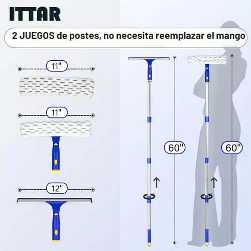Vista 2 de ITTAR Escobilla de ventana con 2 juegos de postes de acero inoxidable, herramientas de limpieza de escobilla con almohadillas de microfibra, kit