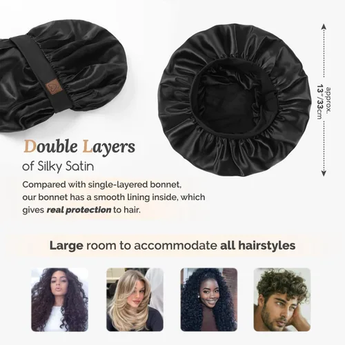 Vista 3 de Hat Hut Gorro de satén de seda para dormir para mujer, gorro de pelo para cabello rizado, banda ancha ajustable, doble capa