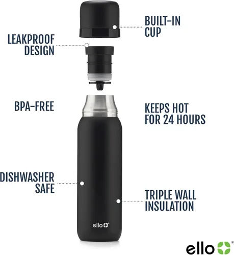 Vista 3 de Ello Therma - Termo aislado de acero inoxidable de 32 onzas para bebidas calientes y frías, con tapa a prueba de fugas y taza integrada, aislamiento