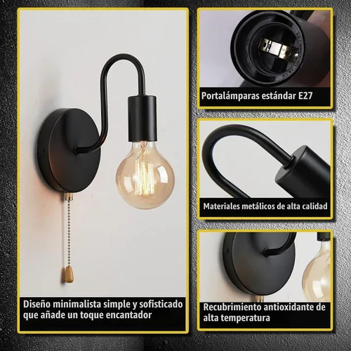 Vista 3 de Aplique de Pared Negro con Cadena de Tirar con Interruptor Luces de Pared Vintage E26 Lámpara de Pared Industrial Iluminación de Pared Retro
