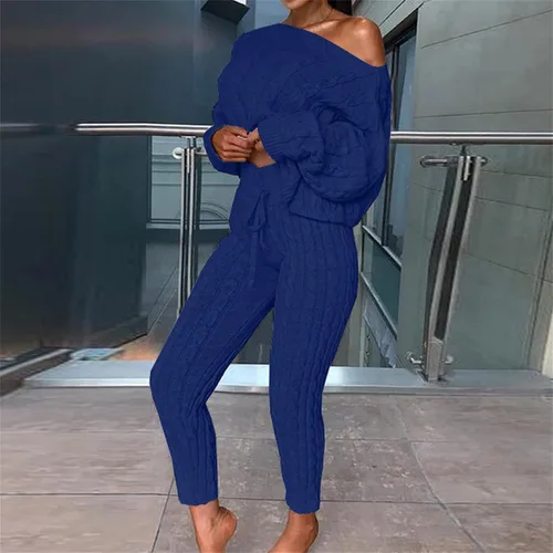 Vista 2 de Conjunto de pantalones largos de punto de 2 piezas para mujer, conjunto de suéter de punto torcido de un hombro, traje de suéter de color liso