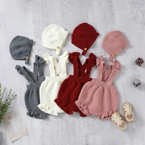 Vista 7 de LAWKUL Ropa de bebé niña de punto, pantalones cortos con volantes, manga voladora con sombrero, para recién nacido, overol para bebé recién nacido