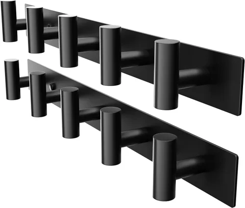 Vista 9 de GWAAZXGZ Perchero negro montado en la pared, 5 clavijas en forma de T para sombreros, bolsas y toallas, riel de metal resistente para entrada, baño
