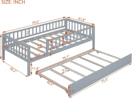 Vista 2 de Base de cama de tamaño individual con barandillas nido y vallas, camas infantiles de madera estilo Montessori con soporte de tablillas, sofá cama