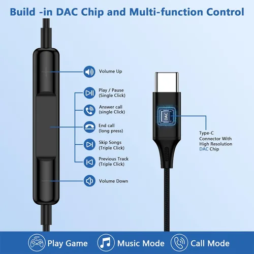 Vista 4 de Samsung - Auriculares con cable USB C, auriculares con cable tipo C, con cable trenzado, auriculares intrauditivos con micrófono para Samsung Galaxy