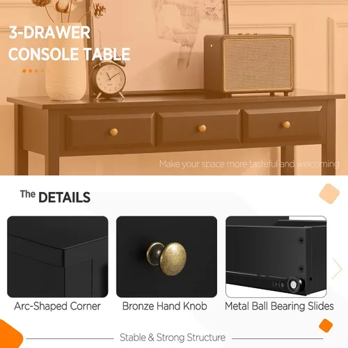 Vista 5 de Topeakmart Mesa consola con estante de almacenamiento y 3 cajones, mesa de sofá de 2 niveles para entrada/pasillo/sala de estar, material de madera