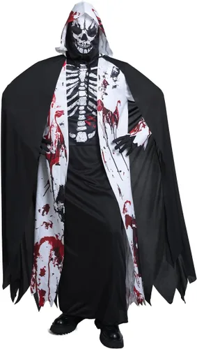 Vista 2 de Disfraz de esqueleto para adulto con capucha, disfraces de Halloween