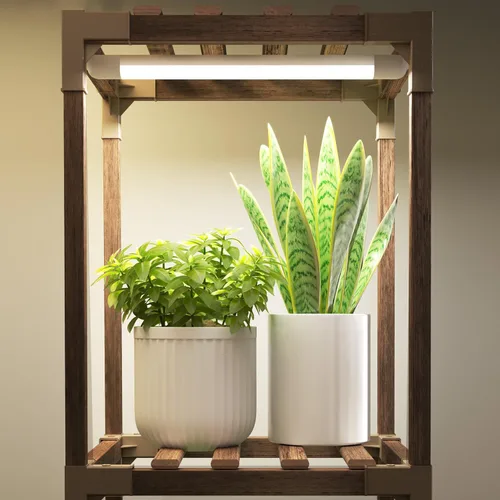 Vista 6 de HOMKIRT Soporte para plantas con luz de crecimiento, estante iluminado para plantas de interior para múltiples plantas, estante alto de madera