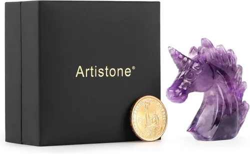 Vista 9 de Artistone Estatua de unicornio de cristal de amatista de 3 pulgadas, piedra preciosa tallada a mano, piedra de caballo de unicornio morado, figuras