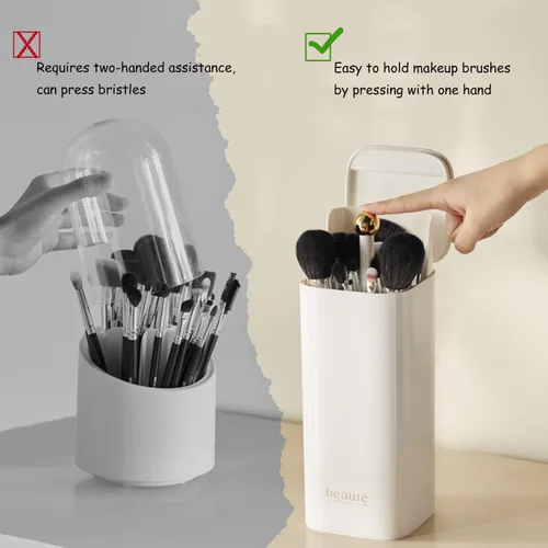 Vista 4 de Soporte para brochas de maquillaje con tapa, elevación automática, impermeable, a prueba de polvo, organizador de brochas de maquillaje