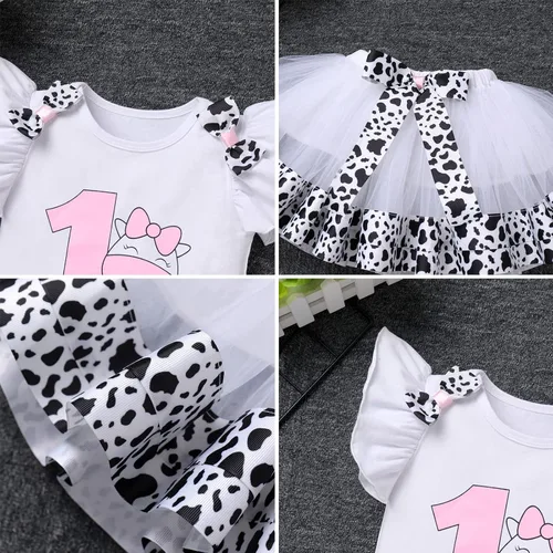 Vista 5 de ODASDO Mameluco con tutú para bebé niña y niña, con temática de vaca, 1, 2, 3 cumpleaños, fiesta, pastel, para niños pequeños