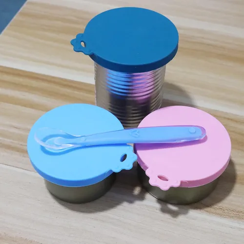 Vista 2 de Cubiertas para latas de alimentos, paquete de 3 tapas de silicona para alimentos y 1 cuchara para latas, se adapta a la mayoría de alimentos