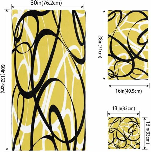 Vista 5 de Juego de toallas de baño de 3 piezas con diseño geométrico amarillo, línea blanca y negra, arte abstracto moderno, toalla suave y absorbente