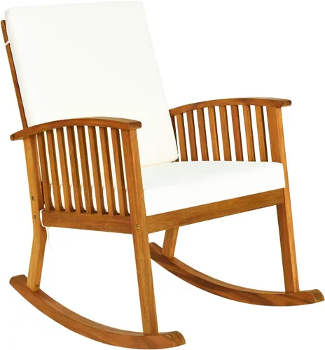 Vista 10 de Tangkula 2 mecedoras de madera de acacia para exteriores, mecedora de madera con cojines lavables desmontables, balancín para porche, jardín, patio
