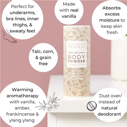 Vista 5 de Polvo corporal natural Ora's Amazing Herbal sin talco para mujeres, paquete variado con aceites esenciales, sin talco ni maíz, sin granos, polvo