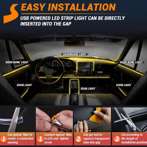 Vista 6 de Tira de luces LED para interiores de automóvil de 315 pulgadas, tubo de fibra óptica alimentado por USB, RGB 6 en 1, neón para automóvil