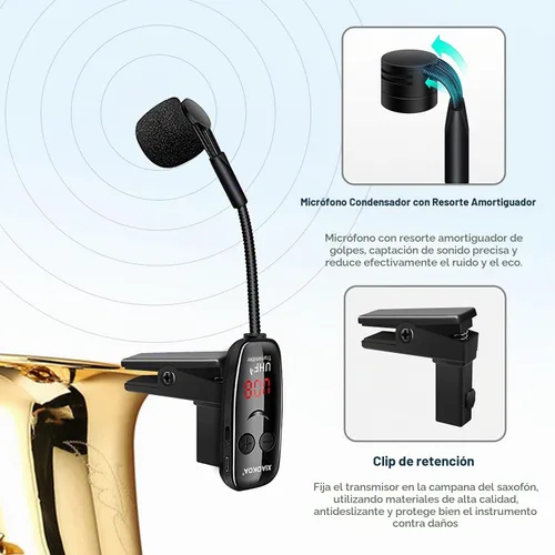 Vista 2 de Micrófono inalámbrico para saxofón, micrófonos UHF para saxofón, micrófono con clip de carga y pantalla digital, para trompeta, tuba, trombón Negro1