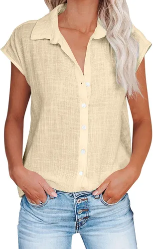 Vista 47 de Ceboyel Camisas para mujer de moda de verano, algodón, lino, manga corta, cuello con botones, blusa casual para mujer 2023