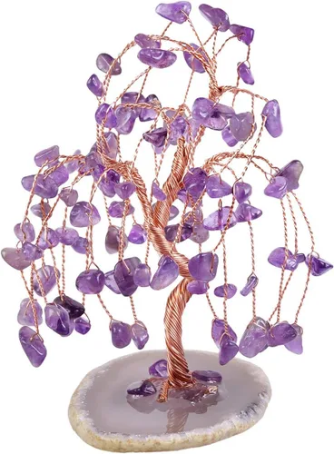 Vista 10 de TUMBEELLUWA Árbol de dinero de cristal curativo con rodajas de ágata, pulido de piedras preciosas pulidas, árbol bonsái, Feng Shui, decoración