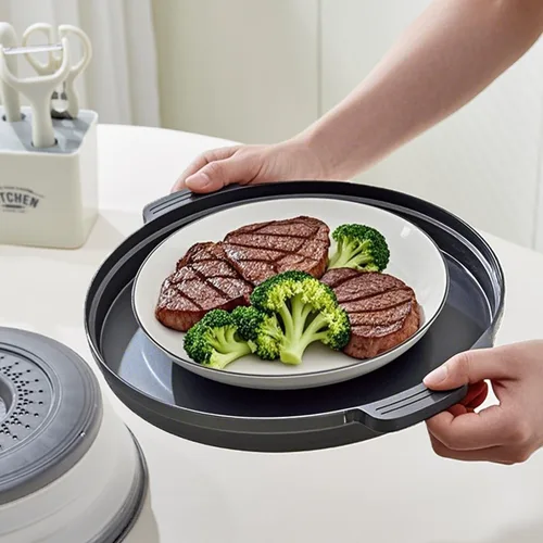Vista 8 de Cubierta para microondas contra salpicaduras, cubierta de microondas para alimentos con bandeja anti-escaldadura, cubierta de placa de microondas