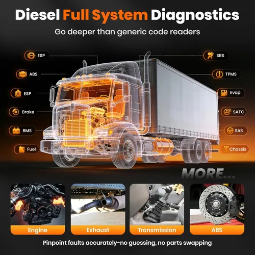 Vista 10 de ANCEL Escáner de Camión Resistente HD601 Herramienta de Diagnóstico de Sistema Completo para Diésel Compatible con Cummins, Detroit, Freightliner