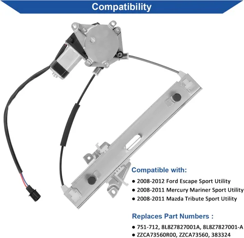 Vista 7 de Obaee 751-712 Regulador de ventanilla eléctrica trasera izquierda del lado del conductor con motor compatible con Ford Escape 2008-2012, Mercury