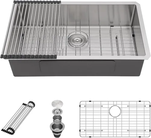 Vista 15 de Sarlai Gold Fregadero de Cocina Empotrado - Fregadero de Cocina de 28 Pulgadas Empotrado de Acero Inoxidable Dorado Tazón Individual de 28" x 19