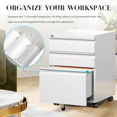 Vista 6 de SoarFlash Archivador de 3 cajones con cerradura, archivador de metal rodante para oficina en casa, debajo del escritorio, archivador móvil