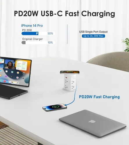 Vista 5 de ANNQUAN Receptáculo Emergente de Encimera de 3" con 4 Puertos USB Cargador Inalámbrico de 15W, Entrega de Energía Máxima de 20W Receptáculo Blanco