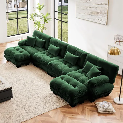 Vista 52 de Sofá modular en forma de U de 118 pulgadas con 2 otomanas, sofá de nube de terciopelo peletizado con almohadas de apoyabrazos de refuerzo, cómodo