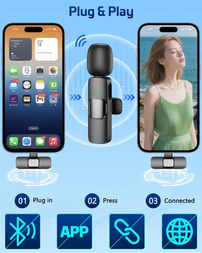 Vista 3 de Micrófono de solapa inalámbrico Lavalier para iPhone - Mini micrófono Bluetooth con reverberación, micrófono portátil con clip para grabación