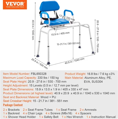 Vista 7 de VEVOR Banco deslizante de transferencia de bañera con asiento giratorio de 360 grados, silla de ducha deslizante con reposabrazos pivotantes