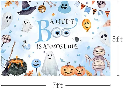 Vista 3 de MEHOFOND Telón de fondo de Halloween de 7 x 5 pies con texto en inglés "A Little Boo is Almost Due Pumpkin Photography Background Blue Watercolor