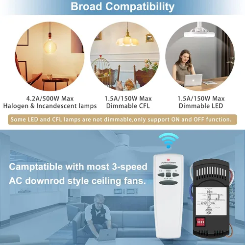 Vista 3 de Kit de control remoto universal para ventilador de techo Hampton Bay Harbor Breeze Hunter - Control de 3 velocidades, atenuador de luz