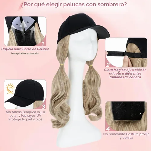 Vista 4 de SEGO - Peluca de gorra con pelo adjunto para mujer, gorra negra de béisbol con extensiones de pelo, gorra de béisbol larga y ondulada con ajuste